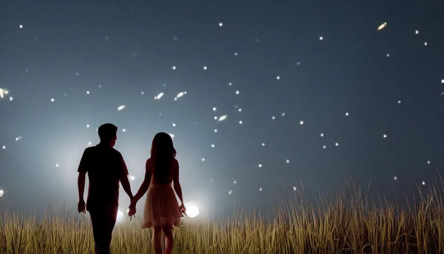 Image similar to a couple walking in the middle of fireflies the color of the moon, cinematic lighting, wow, establishing shot