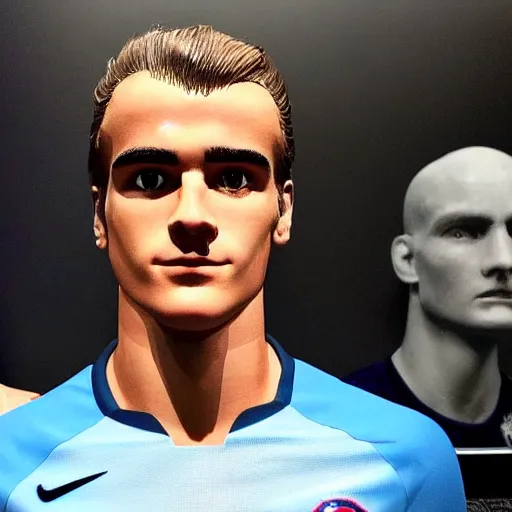 Image similar to “ a realistic detailed photo of a guy who is an attractive humanoid who is half robot and half humanoid, who is a male android, soccer player antoine griezmann, shiny skin, posing like a statue, blank stare, at the museum, on display ”