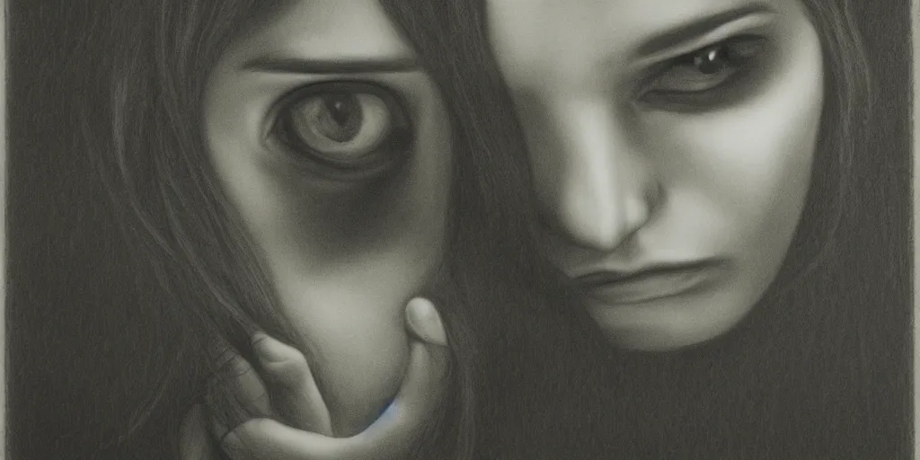 Prompt: The girl from the movie Ring, mezzotint, scary