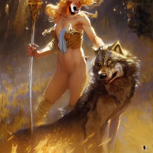 Prompt: stunning female master wizard transforming into wolf, highly detailed painting by gaston bussiere, craig mullins, j. c. leyendecker, 8 k