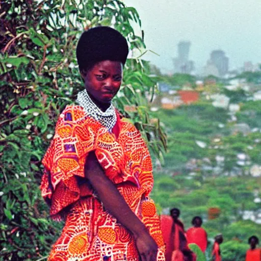 Image similar to “ african shrine maiden. photograph, 1 9 8 0 s. in the background is a city out of focus ”