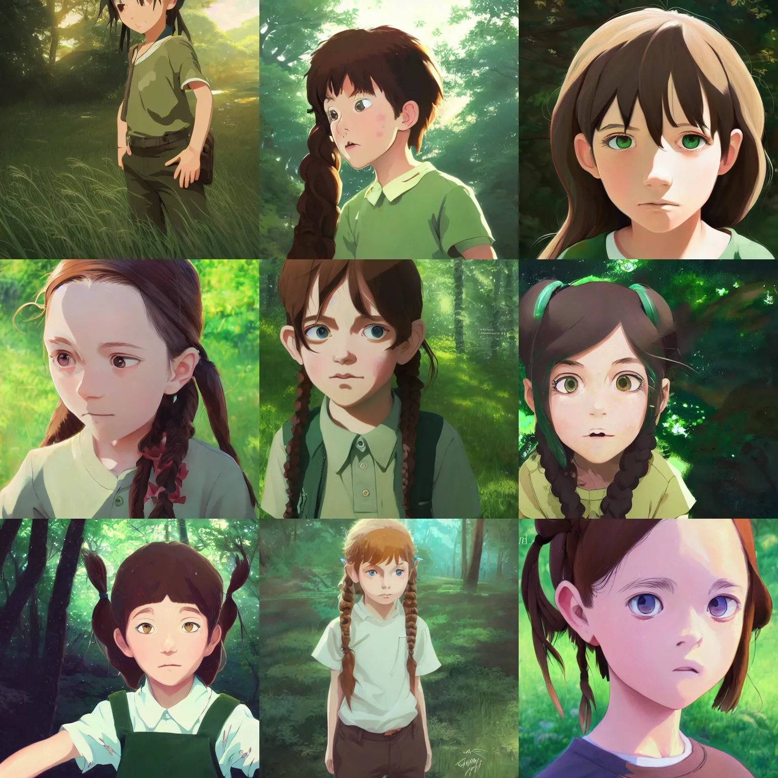 Prompt: portrait of a child with brown wavy pigtails and green eyes, forest background, highly detailed, digital painting, artstation, matte, by makoto shinkai, animation style, studio ghibli, anime key visual