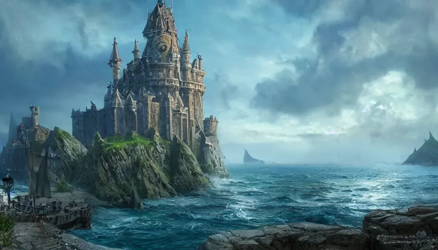 Image similar to a beautiful photo realistic still image looking across a crystal clear sea at stormwind castle from the warcraft movie, by greg rutkowski and kalin popov, trending on artstation, masterpiece,