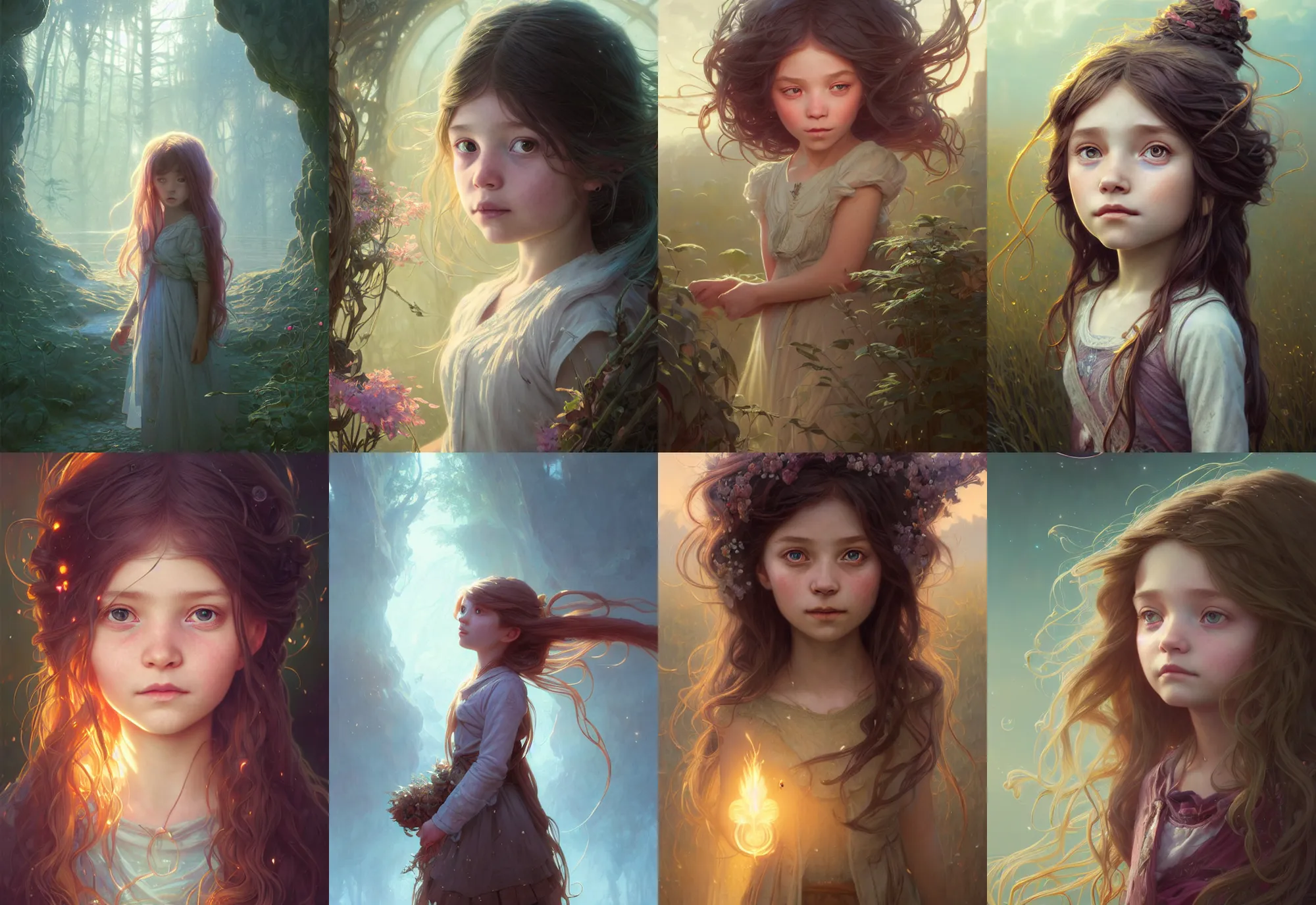 Image similar to highly detailed portrait of a little girl with long hairs, stephen bliss, unreal engine, fantasy art by greg rutkowski, loish, rhads, ferdinand knab, makoto shinkai and lois van baarle, ilya kuvshinov, rossdraws, tom bagshaw, alphonse mucha, global illumination, radiant light, detailed and intricate environment