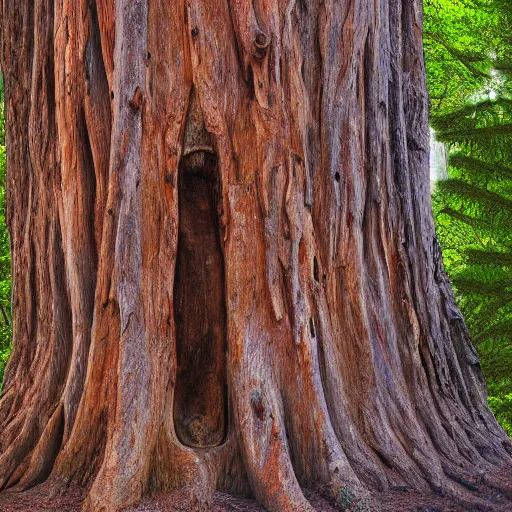 Image similar to ancient redwood tree with face made of bark on trunk detailed magical realism painting 4 k