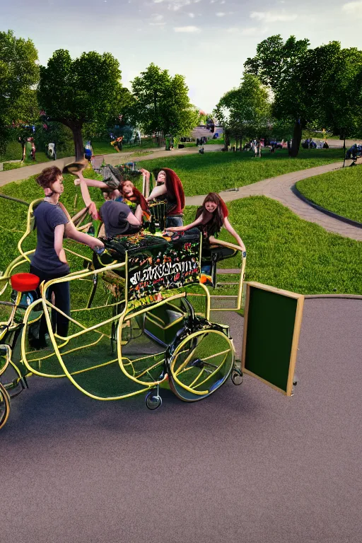 Image similar to band playing in the park with christiania cargobike. Summer. Cinematography, mega scans, cinematic, hyper realistic, photo realistic, cinematic composition, highly detailed, vray, 8k render