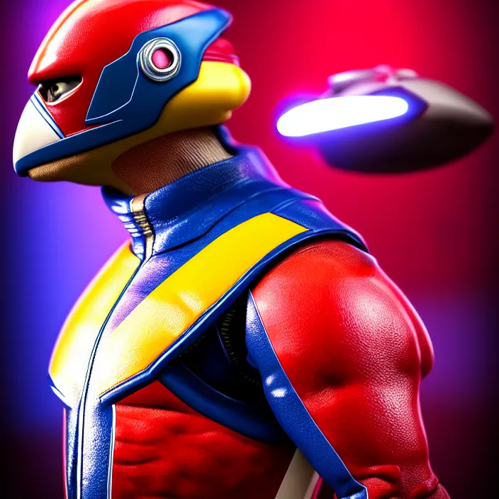 Image similar to cinematic bust portrait, captin falcon from f - zero, head and chest only, thawan duchanee, masterpiece, cinematic composition, dramatic pose, beautiful lighting, sharp, details, hyper - detailed, hd, 4 k