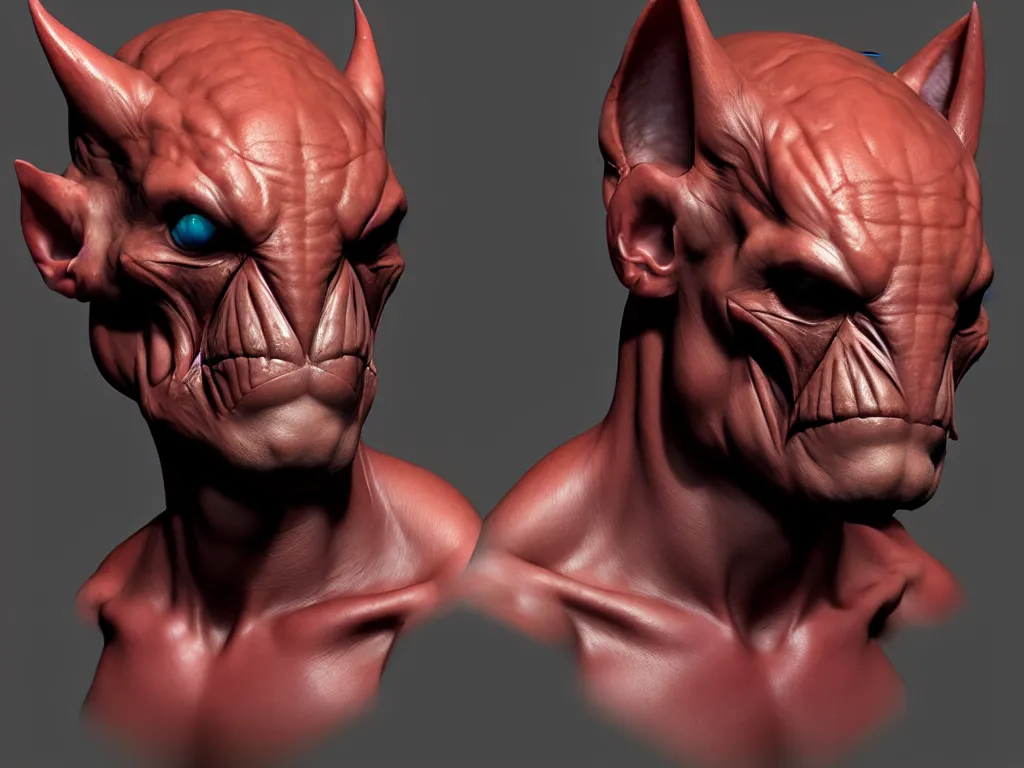 Image similar to game concept art, muscular, chiroptera head, chiroptera ears, amphipod, hyperrealism, artstation, cgsociety, zbrush, no background