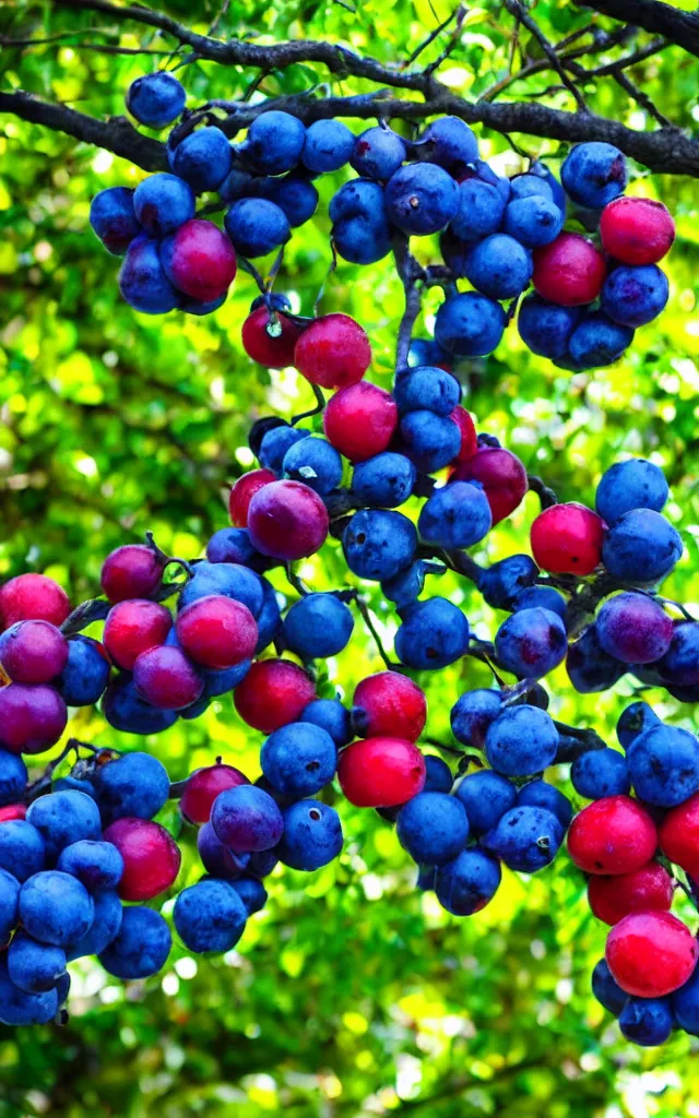 Image similar to a macro shot of a fruit hanging on a tropical tree, it is very colorful but has mainly shades of blue and violet, it looks poisonous but tasty