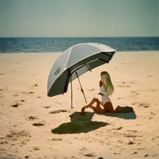 Image similar to a beautiful photo of an astronaut on the beach under a beach umbrella, summer sun, 1 9 7 0, soft light, morning light, photorealistic, realistic, octane, 8 k, cinematic shot