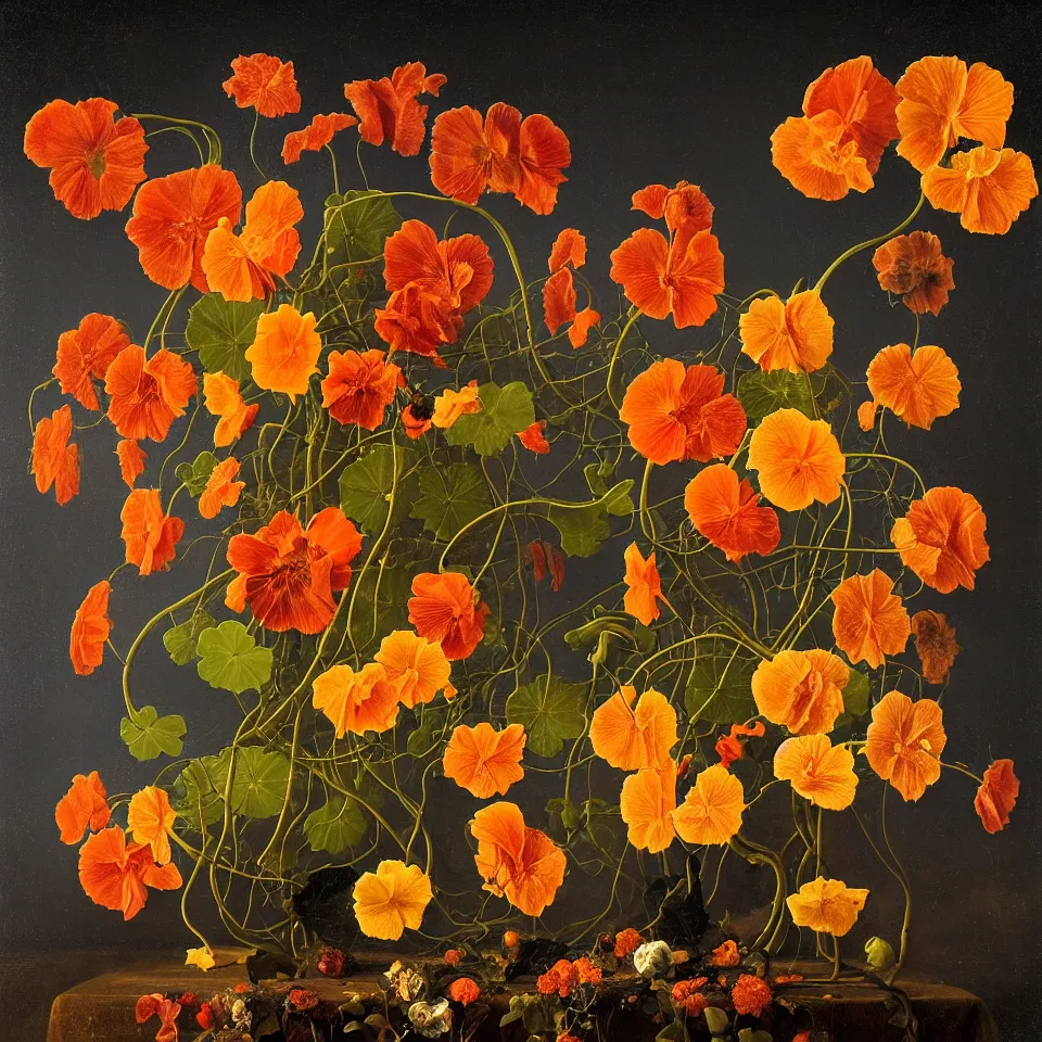 Image similar to dutch golden age bizarre nasturtium portrait still life with many very detailed vines and flowers disturbing fractal forms sprouting up everywhere by rachel ruysch sky blue background chiaroscuro dramatic lighting perfect composition high definition 8 k oil painting with black background by christian rex van dali todd schorr of a chiaroscuro portrait recursive masterpiece