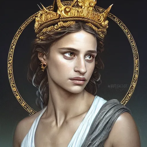 Prompt: portrait of Alicia Vikander as a greek goddess, marble statue, greek mythology, gold crown and filaments, intricate, headshot, highly detailed, digital painting, artstation, concept art, sharp focus, cinematic lighting, illustration, art by artgerm and greg rutkowski, alphonse mucha, cgsociety