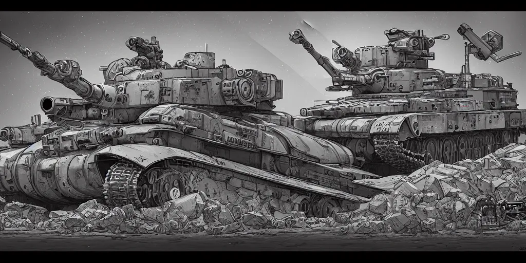 Prompt: dystopian tank unit, extremely detailed, sharp focus, wide view, full body shot, smooth, digital illustration, by james jean, by rossdraws, frank franzzeta, mcbess, sakimichan, brosmind, steve simpson