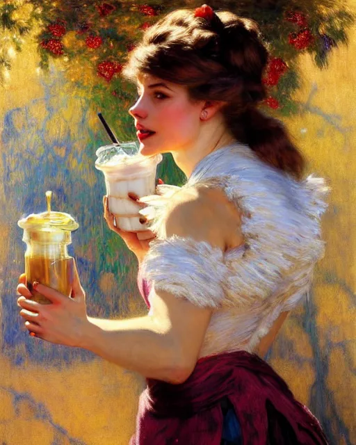 Image similar to portrait of a white female anthro wolf waitress serving milkshakes, 4 k, trending on artstation, very expressive detailed feminine face, energetic, bright colors, happy, by gaston bussiere, craig mullins, j. c. leyendecker, gustav klimt, artgerm, greg rutkowski, alphonse mucha