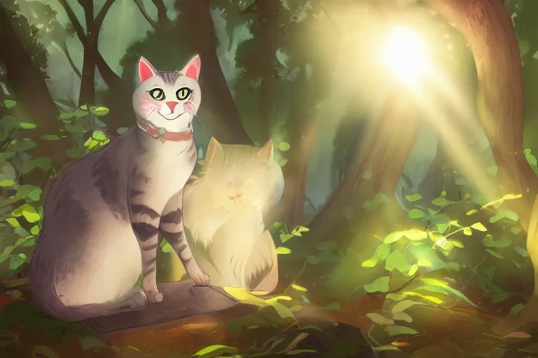 Image similar to cat in the forest, warm backlighting, digital art, trending on artstation, fanart, by kawacy