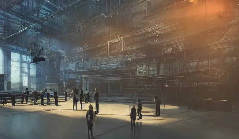 Image similar to group of people in simple warehouse, staring at hologram of futuristic city on a table, cinematic concept art, godrays, golden hour, natural sunlight, 4 k, clear details, tabletop model buildings, center model buildings, hologram center, crane shot, crane shot, crane shot