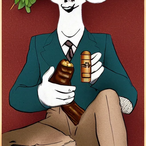 Image similar to award winning character art commission of an anthro furry humanoid goat smoking a cigar, three piece suit, in the style of norman rockwell,