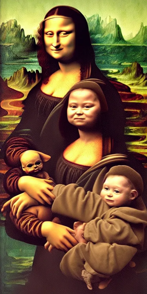 Image similar to the Mona Lisa holding Baby Yoda, painting in the style of the Mona Lisa