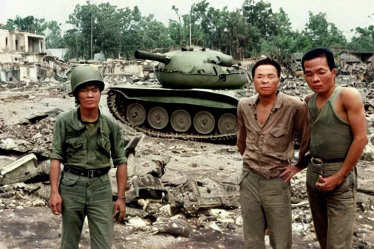 Prompt: a photo of a two mans posing in front of tank in destroyed vietnamese city, us journalism ministry photo, 1 9 6 9, color photo, perfect faces, fine details, fim still