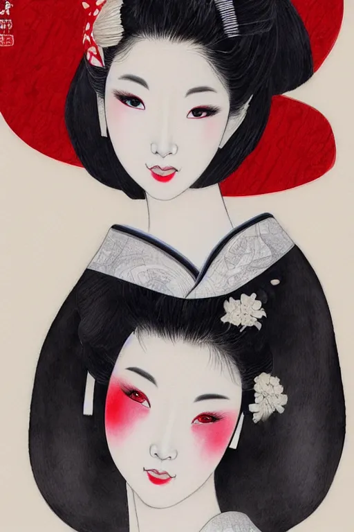Image similar to pretty seductive geisha, digital art, 8k, character, realistic, portrait, photorealism, japan watercolour, masterpiece art