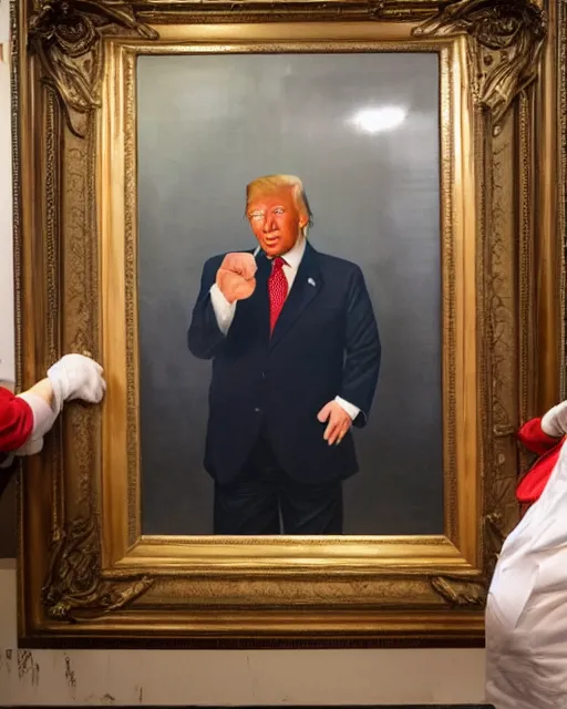 Image similar to a presidential portrait of donald trump as an oompa loompa in the style caricature artist oil painter sebastian kruger hanging on a wall at mar - a - largo