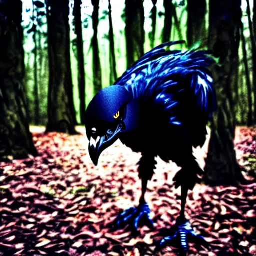 Image similar to werecreature consisting of a human and crow, photograph captured in a forest