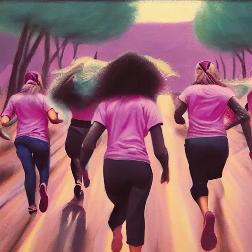 Prompt: group of woman running with pink t-shirts view from behind, cinematic, 50mm, award-winning painting by noah bradley