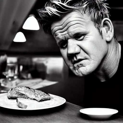 Prompt: a hyper realistic photograph of gordon ramsay crying over a plate of steak. dim red and blue lighting, strong shadows, award winning magazine photo