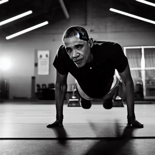 Image similar to Obama doing push-ups in a gymnasium, 40nm lens, shallow depth of field, 4k,