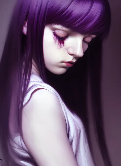 Image similar to portrait of teenage girl, red irises, bangs, black and white hair, white bangs, purple clothes, white bangs, two color hair, black hair and white bangs, intricate, elegant, glowing lights, highly detailed, digital painting, artstation, concept art, smooth, sharp focus, illustration, art by wlop, mars ravelo and greg rutkowski