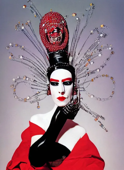 Image similar to an 8 0 s portrait of a woman with dark eye - shadow and red lips with dark slicked back hair, a mask of beads and diamonds hanging from a thin black crown, dreaming acid - fueled hallucinations by serge lutens, rolf armstrong, delphin enjolras, peter elson, red cloth background