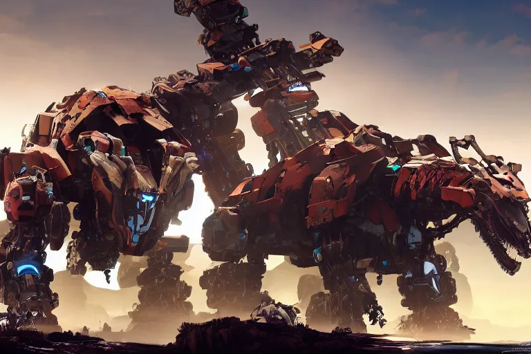 Prompt: scrapper machine mecha animal beast robot of horizon forbidden west horizon zero dawn bioluminiscence global illumination ray tracing hdr fanart arstation by sung choi and eric pfeiffer and gabriel garza and casper konefal