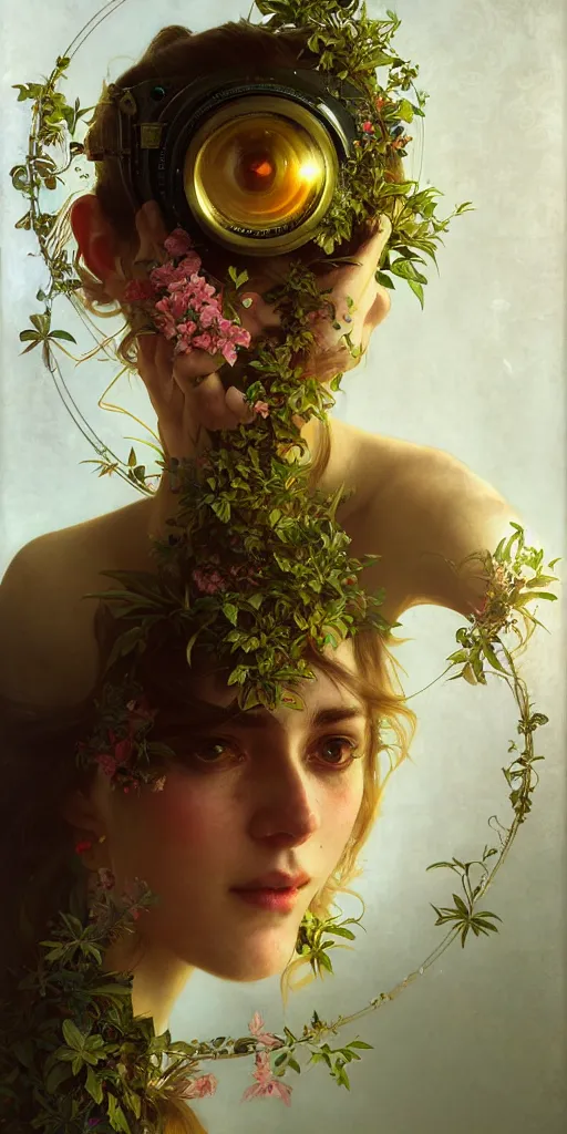 Image similar to hyper realistic photographer looking through a vintage medium format camera, design on white background, beautiful details, lush foliage cyberpunk, gold, drawn by john singer sargent, tom bagshaw, norman rockwell, alphonso mucha, lolish, trending on artstation