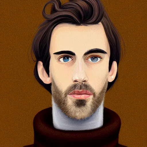 Image similar to gangly man with shortlight brown wavy hair, light brown short beard, no mustache, English heritage, blue eyes, middle aged, wearing a turtleneck and jacket, pale skin, narrow face, digital art, painterly, cartoon, cute, 8k, illustration, art by loish, painterly, trending on artstation, medium shot, uncropped