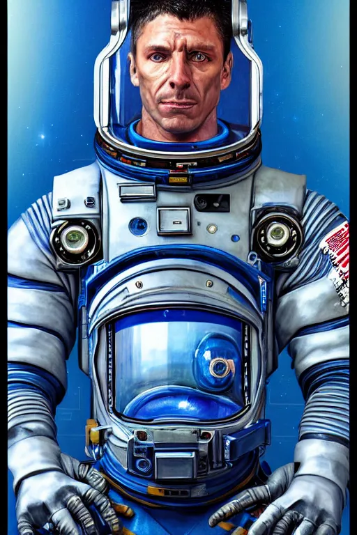 Prompt: a portrait of a muscular anthropomorphic cyberpunk blue iguana space mechanic in spacesuit armor with ensignia on chest plate by sandra chevrier, by jon foster, detailed render, pistol in holster, tape deck, epic composition, cybernetics, 4 k realistic, cryengine, realistic shaded lighting, sharp focus, masterpiece, by enki bilal