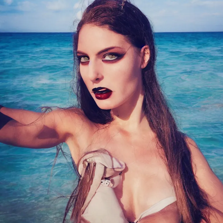 Image similar to portrait of instagram model vampire queen enjoying a day at the beach, digital photo