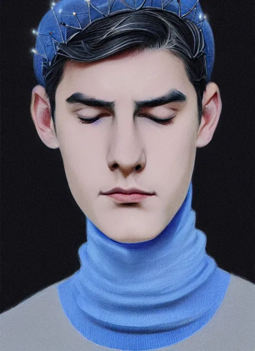 Image similar to portrait of teenage jughead jones wearing a light grey crown, crown, blue turtleneck, 1 9 5 0 s, closed eyes, photorealistic, black hair, glowing lighting, intricate, elegant, glowing lights, highly detailed, digital painting, artstation, concept art, smooth, sharp focus, illustration, art by wlop, mars ravelo and greg rutkowski