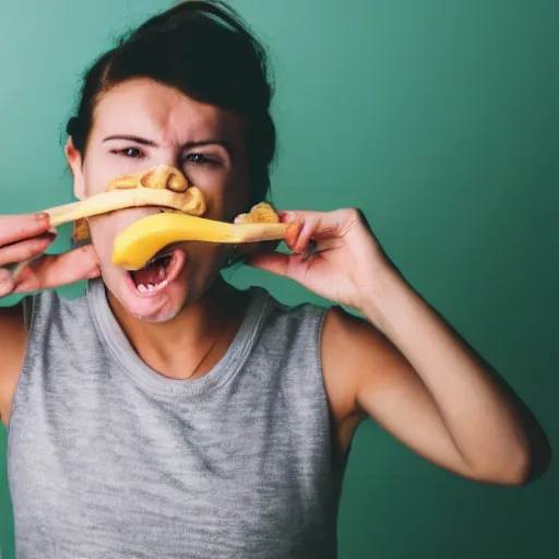 Prompt: photo of a person unable to eat banana properly