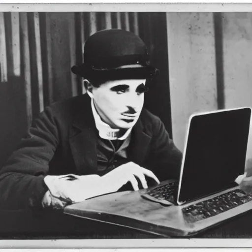 Prompt: an old photo of charlie chaplin using a laptop