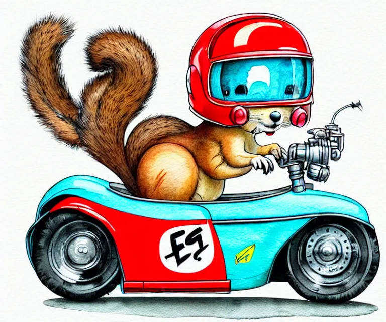 Image similar to cute and funny, squirrel wearing a helmet riding in a hot rod with oversized engine, ratfink style by ed roth, centered award winning watercolor pen illustration, isometric illustration by chihiro iwasaki, edited by range murata, tiny details by artgerm and watercolor girl, symmetrically isometrically centered, sharply focused