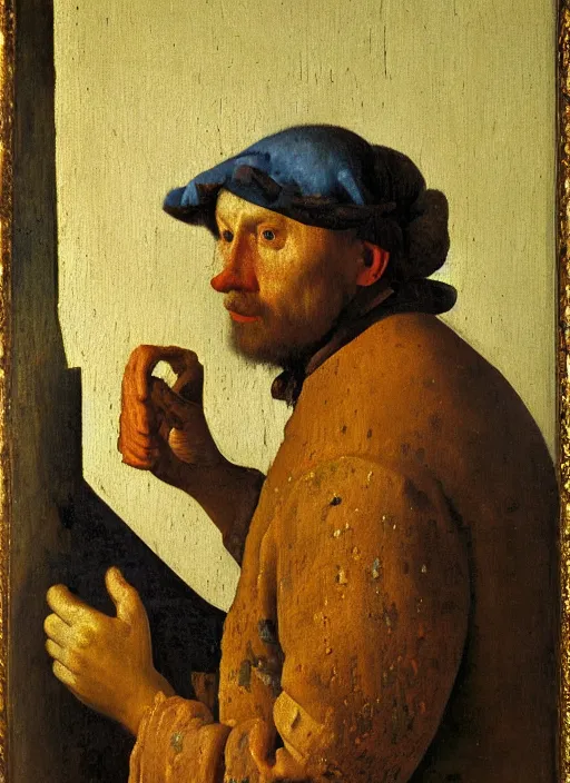 Prompt: portrait of techno peasant, oil painting byjohannes vermeer, 1 7 th century, art, oil on canvas, wet - on - wet technique, realistic, expressive emotions, intricate textures, illusionistic detail
