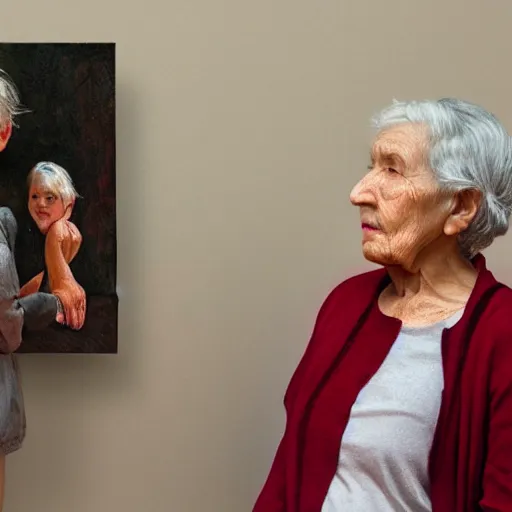 Image similar to old woman staring at a painting of her younger self