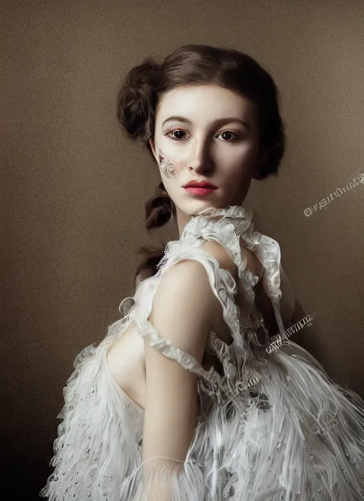 Prompt: hyperrealistic very detailed photograph portrait of a young woman in a haute couture dress, photo studio