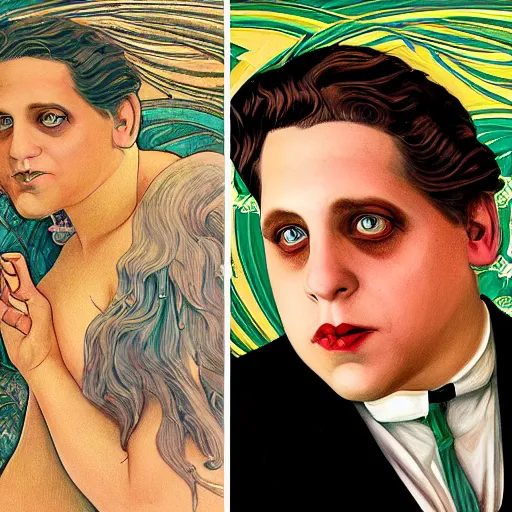 Image similar to an art nouveau streamline moderne portrait of jonah hill in the style of donato giancola and charles dulac and anna dittmann.