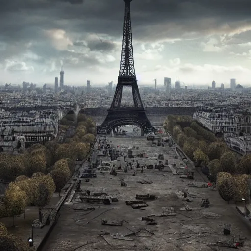 Image similar to a post apocalyptic view of france where the eiffel tower has broken down into pieces, 8 k, photorealistic