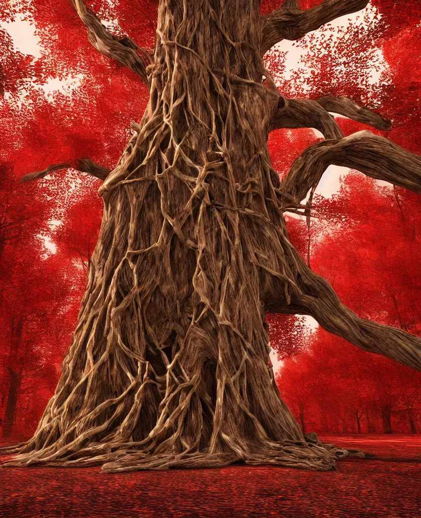 Prompt: sacred giant tree with a skeleton tangled in the tree trunk, red forest, epic painting, octane render, extremely detailed