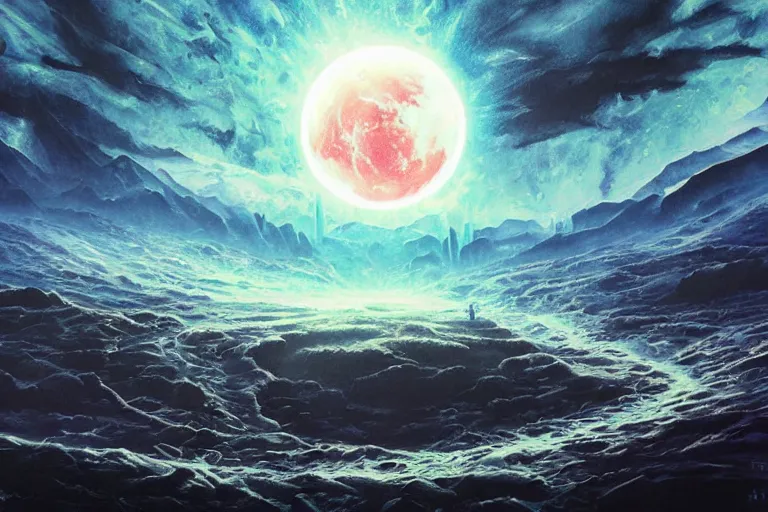 Image similar to nuclear blast moon eclipse sci-fi wet brush poster art neo-primitivism painting of surreal beauitiful Hardstyle DJ, by Ross Tran, highly detailed, hyperrealism, excellent composition, cinematic concept art, dramatic lighting, abstract water color painting strokes, hyper realistic, soft light, 8k