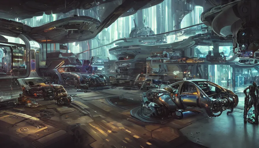 Prompt: the inside of a futuristic mechanic spaceshop coc, highly detailed interior, half - finished robot, holographic screen in center frame by peter mohrbacher, cyberpunk, cryengine render, hyper realism, realistic shading, cinematic composition, realistic render, octane render, detailed textures, photorealistic, wide shot, fanciful, colorful
