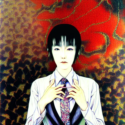 Image similar to yoshitaka amano blurred and dreamy realistic three quarter angle portrait of a young woman with short hair and black eyes wearing office suit with tie, junji ito abstract patterns in the background, satoshi kon anime, noisy film grain effect, highly detailed, renaissance oil painting, weird portrait angle, blurred lost edges