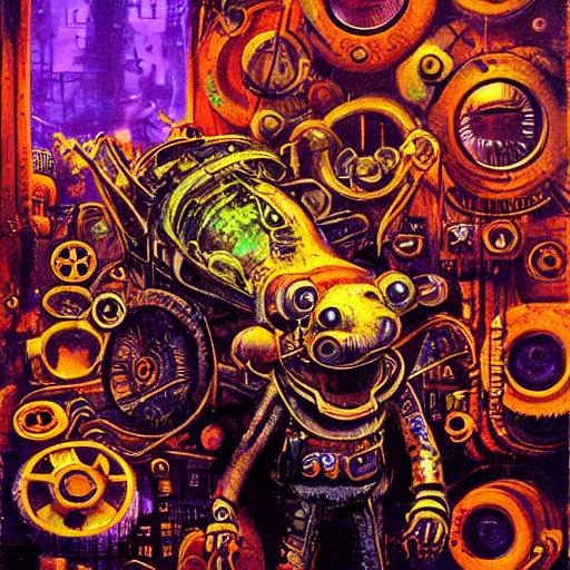 Image similar to steampunk rat, acid, 303, psychedelic, by paul lehr